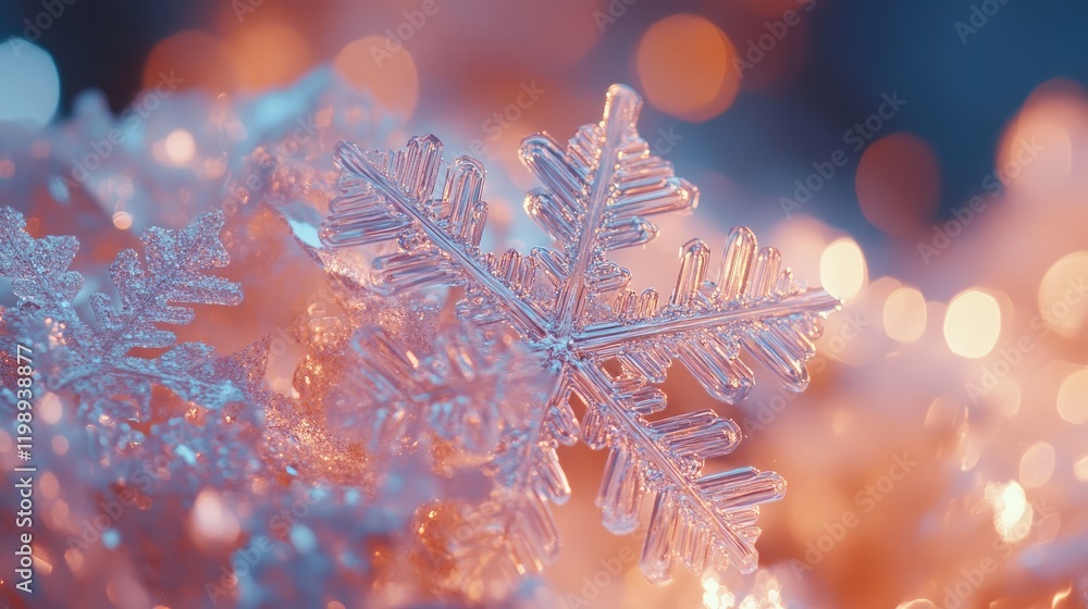 Poster macro shot of a crystal snowflake on soft snow with blurred colorful bokeh background copy space