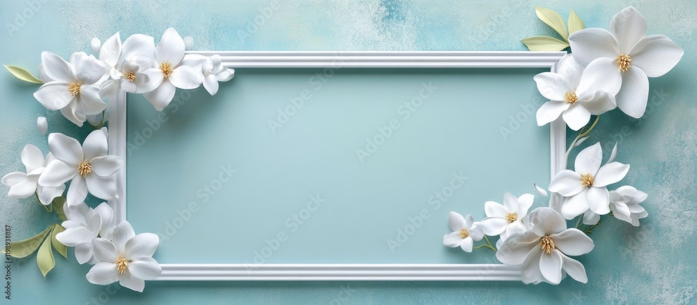 Poster white flowers on a mint green textured background with a rectangular frame and ample copy space for 