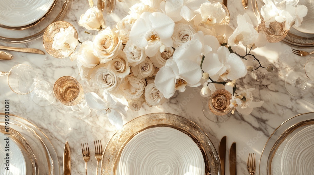 Poster elegant dining table setting with white flowers and gold accents on marble surface with ample copy s