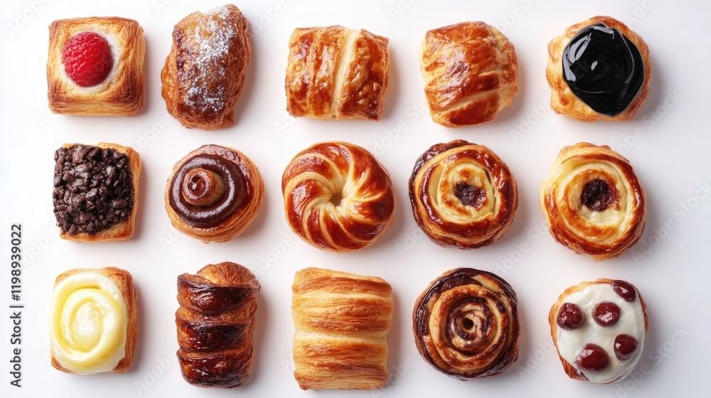 Poster assorted gourmet pastry selection arranged in grid format on white background with copy space for te
