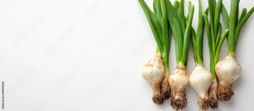 Poster fresh green onions with bulbs on white background with ample copy space for text placement.