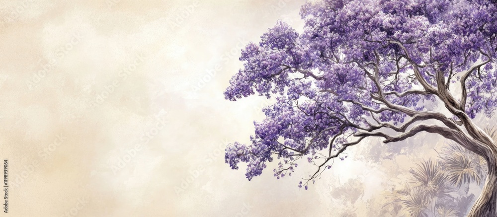 Poster purple flowering tree on a textured background with ample copy space for text or design elements.