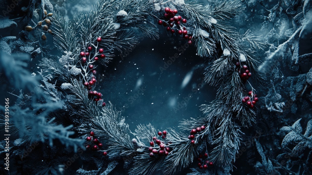 Poster snowy christmas wreath with pine branches and red berries on dark background with copy space for tex