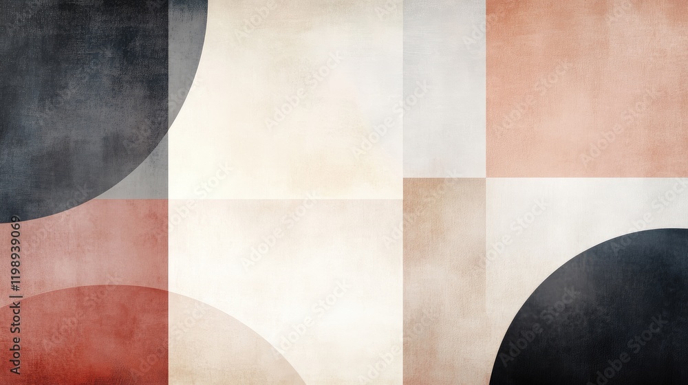 Poster abstract geometric shapes in muted tones of black, white, peach and beige with textured background a