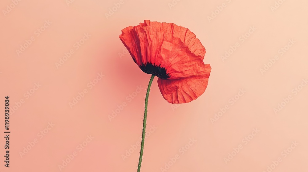 Poster single red poppy flower on a soft pink background with copy space for text. minimalistic floral comp