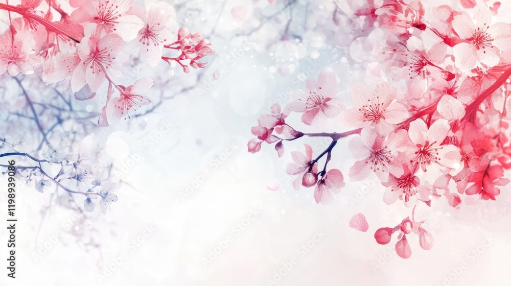 Poster cherry blossom branches with soft pink and white flowers on a light background featuring bokeh effec