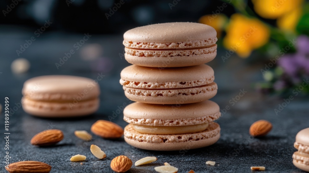 Poster macarons stacked on a dark surface with almonds and colorful flowers in the background featuring cop