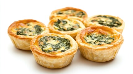 Spinach and cheese tartlets on white background with Copy Space for food advertisement or culinary presentations