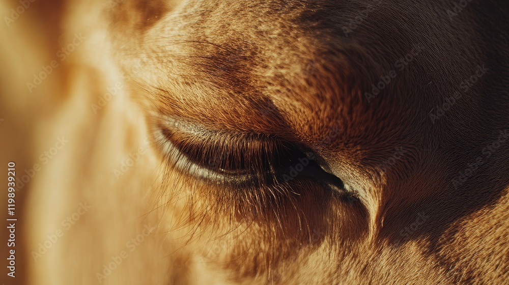 Aufkleber close-up view of a camel's closed eye with soft brown pupils and sandy textures in warm desert light