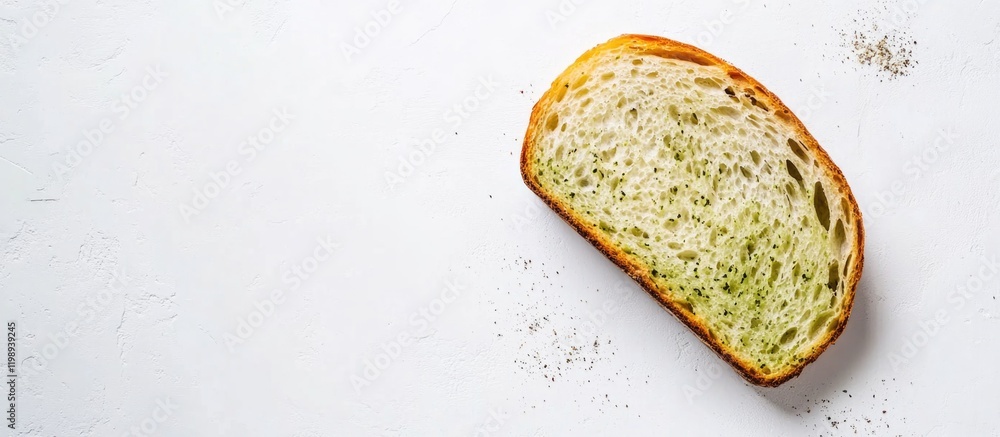 Poster sliced artisan bread on a white background with flour scattered and ample copy space on the right si