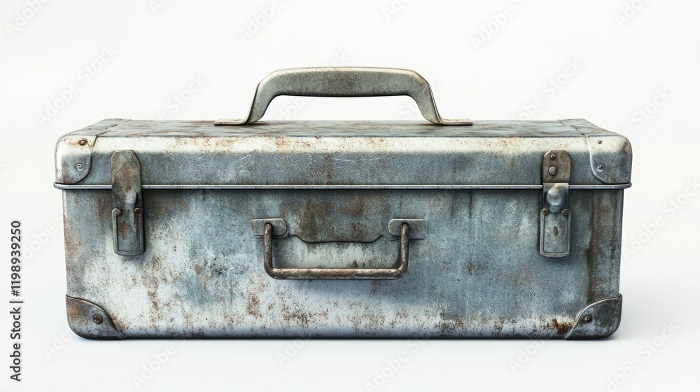 Poster rusty metal toolbox on a light background with copy space for text or graphics. ideal for industrial