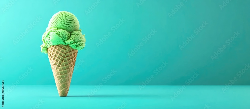 Poster green ice cream in cone on a turquoise background with copy space for text placement.