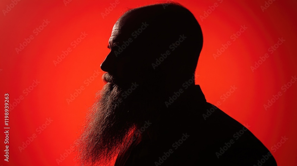 Poster profile silhouette of a man with a long beard against a vibrant red background with copy space for t