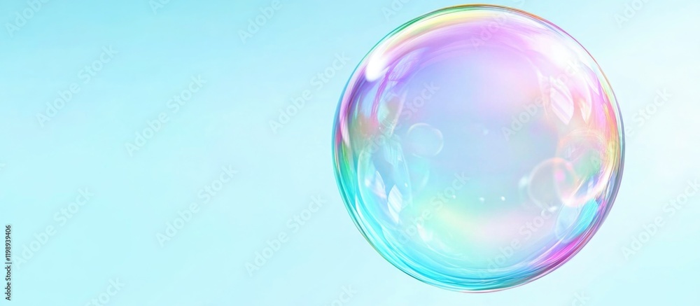 Poster colorful soap bubble on light blue background with smooth gradient and copy space for text