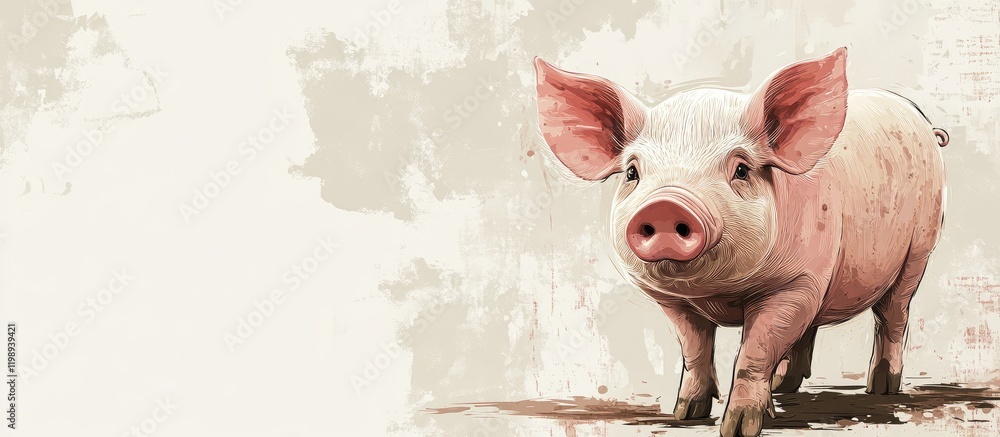 Poster digital artwork of a charming pig in soft pink on light textured background with blank space for cus