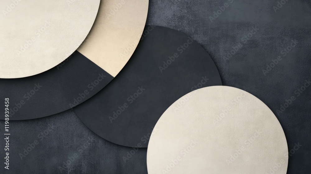 Poster abstract background featuring overlapping circular shapes in muted tones against a textured dark bac