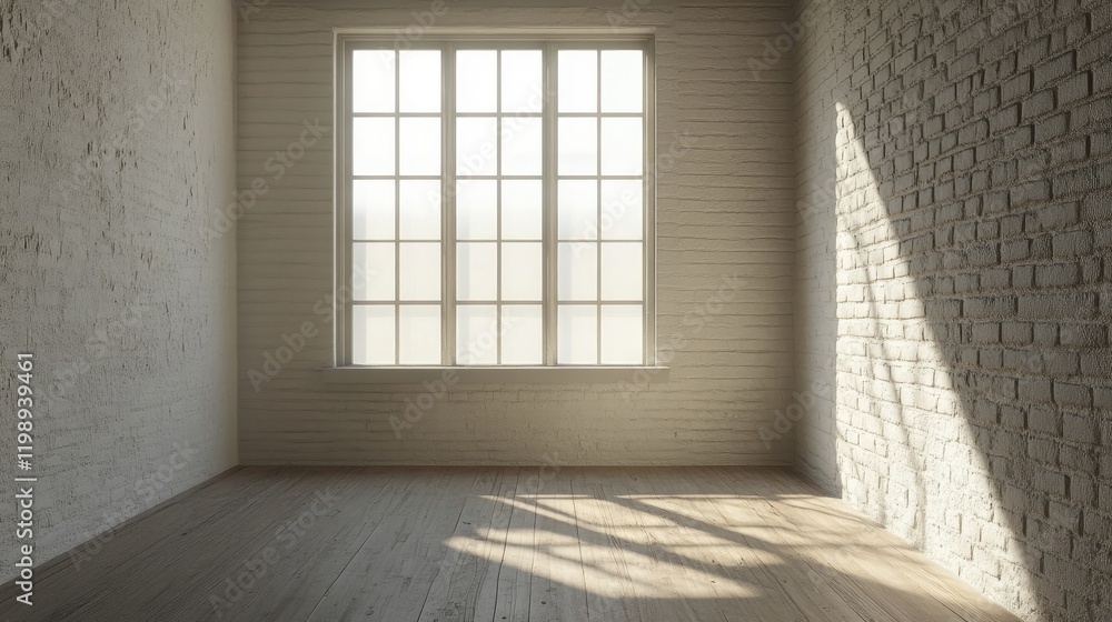 Poster empty room with white brick walls and wooden floor featuring large window casting shadows and ample 