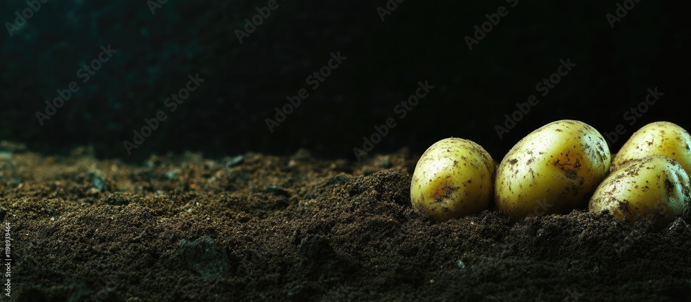 Aufkleber freshly unearthed potatoes resting on dark soil with natural light focus andcopy space for text plac