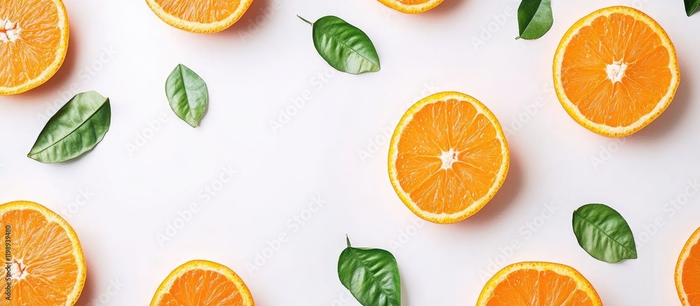 Poster freshly cut orange slices with green leaves arranged on a white background with ample copy space for