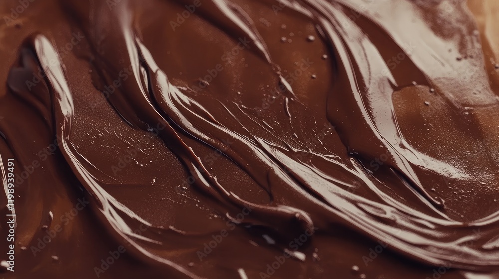 Poster close-up of smooth dark chocolate spread with glossy texture and wavy patterns on a flat surface cop