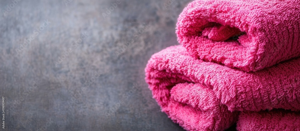 Poster pink towels stacked on a gray background with ample copy space for text placement.