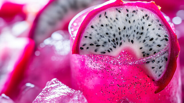 A Mai Tai with dragon fruit puree, topped with a dragon fruit slice and edible glitter.