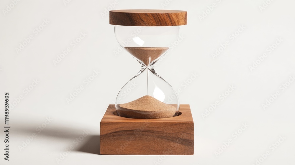 Poster hourglass with wooden base and lid on a neutral background with copy space for text insertion.