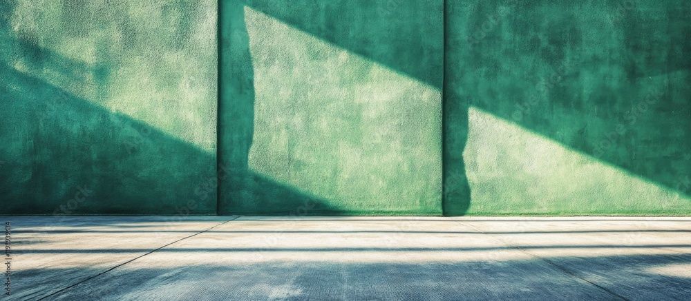 Poster textured green concrete wall with shadows and empty floor space for copy space use.