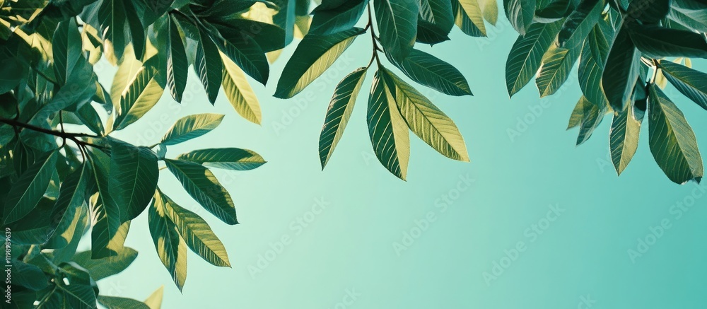 Poster green leaves with sunlight filtering through on a soft blue background featuring ample copy space