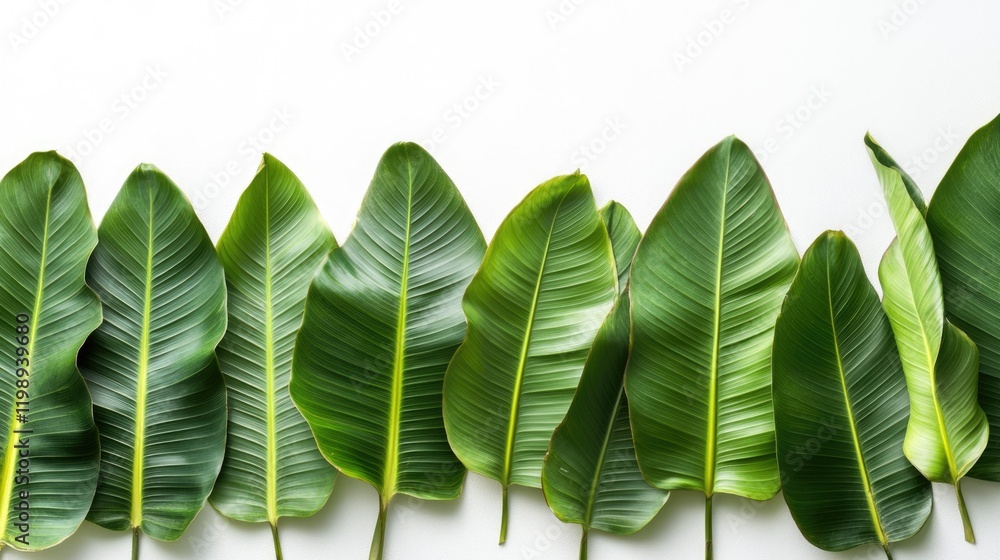 Poster banana leaves arranged on a white background with copy space for text and design elements