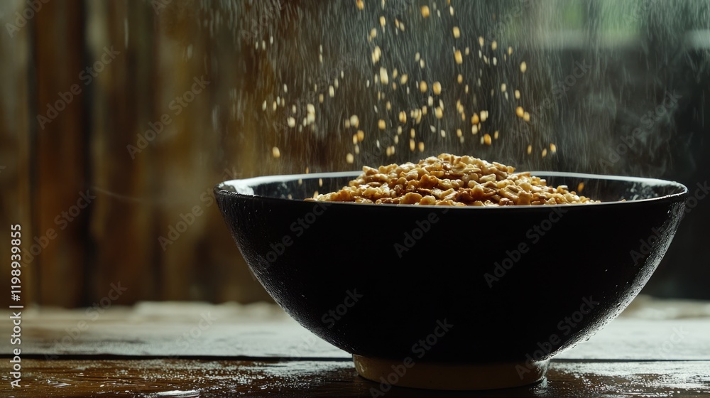 Poster bowl of grains with falling seeds and grains creating a dust effect on a rustic wooden table with co
