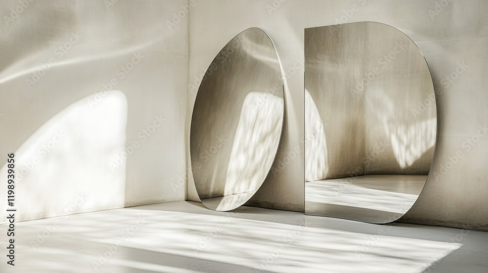 Poster abstract interior scene featuring two reflective mirrors in soft natural light with minimalistic des