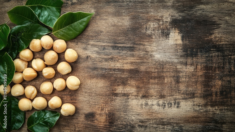 Poster macadamia nuts arranged on rustic wooden surface with green leaves and ample copy space for text pla