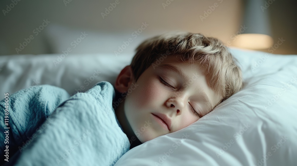 Poster child with fever peacefully resting on soft white bed linens under gentle warm light in a serene ind
