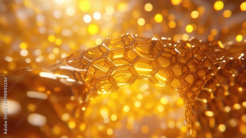 Poster abstract golden honeycomb structure with luminous bokeh effect and vibrant light reflections in a bl