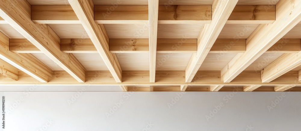 Poster wooden ceiling structure with exposed beams and copy space for text placement. light modern interior