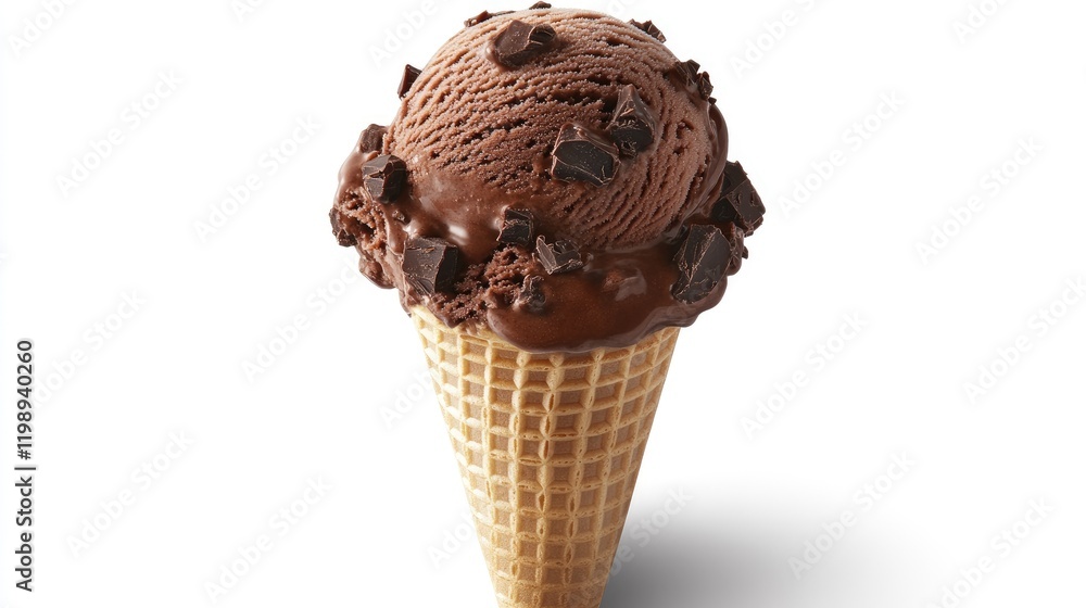 Poster chocolate ice cream scoop with chocolate chunks in a waffle cone on a white background with copy spa
