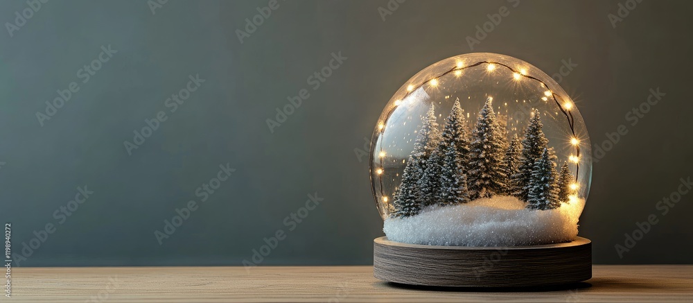Poster Winter wonderland snow globe featuring a softly lit forest with string lights on a wooden table against a muted gray background creating inviting ambiance.