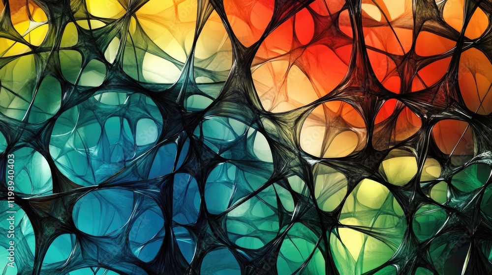 Poster abstract fractal pattern with interconnected shapes and vibrant colors creating a visually complex d