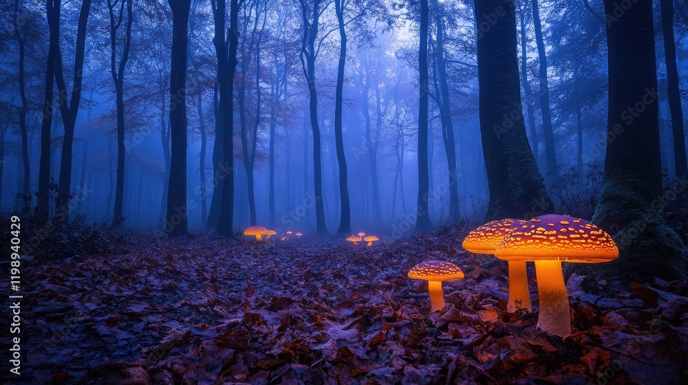 Poster glowing mushrooms in a misty forest scene with tall trees and autumn foliage creating a mystical atm