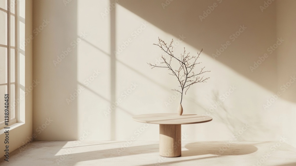 Poster minimalist interior design with a round wooden table and a branch in a vase illuminated by sunlight 