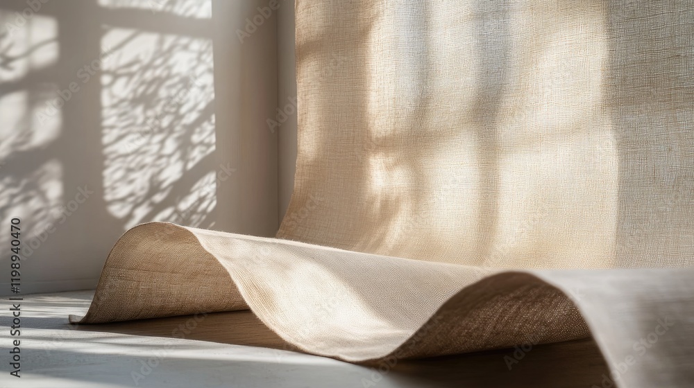 Poster lightly crumpled linen fabric on wooden surface with soft shadows cast by window creating an abstrac