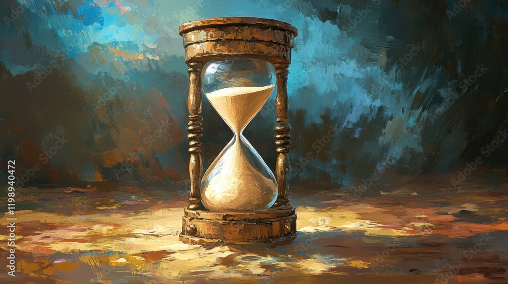 Poster hourglass on a textured surface with colorful abstract background and copy space for text