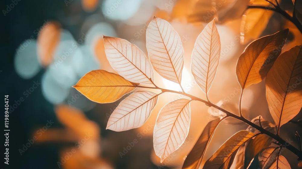 Poster golden autumn leaves with soft bokeh background and sunlight filtering through branches nature close