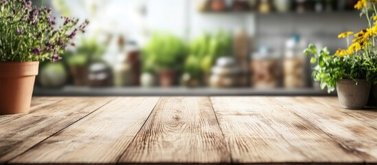 Rustic wooden table in a sunny kitchen corner with vibrant potted plants and a soft blurred background creating a warm inviting atmosphere