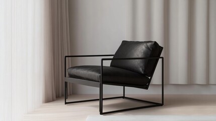 Modern black leather armchair with minimalistic metal frame in bright interior setting with soft curtains and ample Copy Space