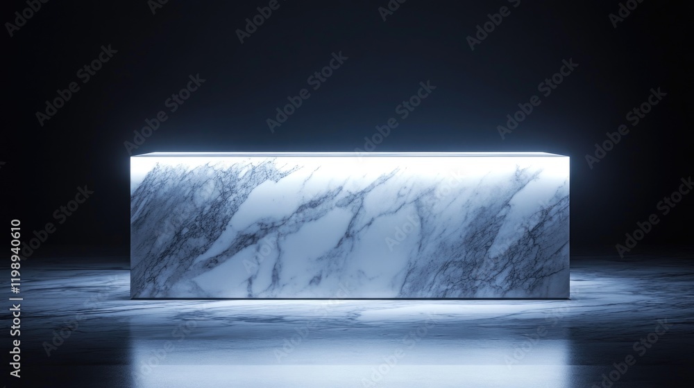 Poster illuminated marble block on dark background with reflective surface and copy space for text