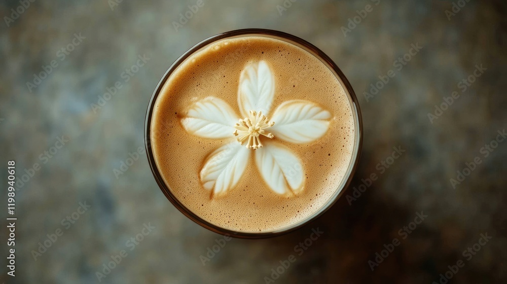 Poster close-up of coffee with intricate latte art resembling a flower design on top against a textured bac