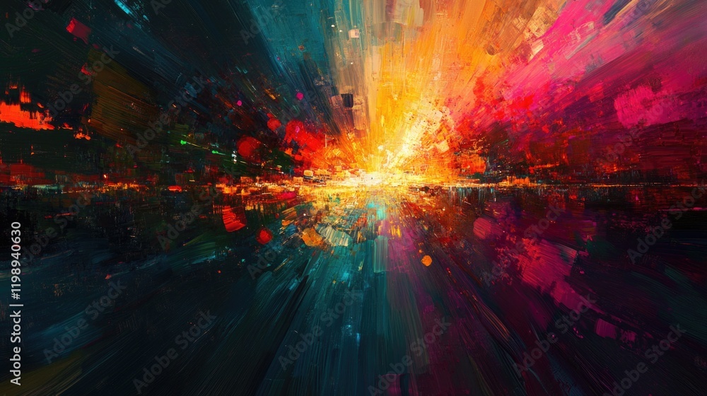 Poster abstract colorful explosion of light with dynamic paint strokes and vivid hues, featuring deep blue,