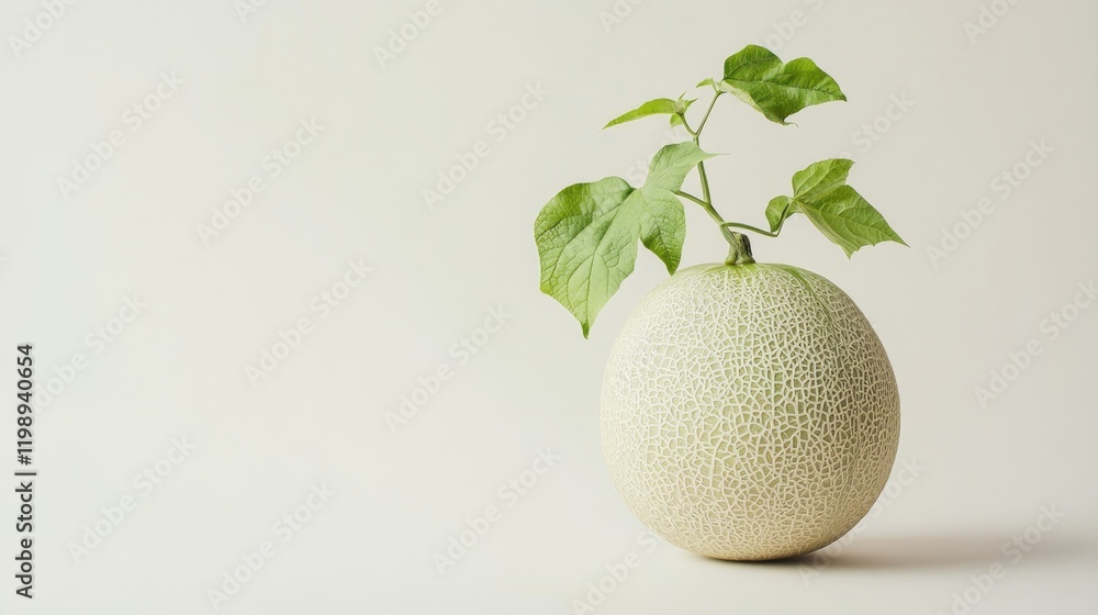 Aufkleber fresh melon with vine leaves on a light background, minimalistic composition with copy space for tex